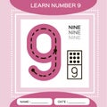 Learn numbers 9. Nine . Children educational game. Kids learning material. Trace and write. Counting game. Pink