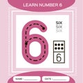 Learn numbers 6. Six . Children educational game. Kids learning material. Trace and write. Counting game. Pink Royalty Free Stock Photo