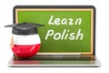 Learn Polish concept with laptop blackboard, graduation cap and