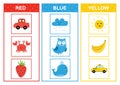 Learn the primary colors. Color sorting activity page - red, blue, yellow. Educational material