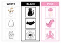 Learn the primary colors. Color sorting activity page - white, black, pink. Educational material