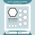 Learn Shapes. Hexagon. Handwriting practice. Trace and write. Educational children game. Kids activity printable sheet