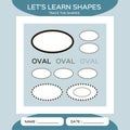 Learn Shapes. Oval. Handwriting practice. Trace and write. Educational children game. Kids activity printable sheet