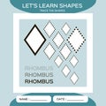 Learn Shapes. Rhombus. Handwriting practice. Trace and write. Educational children game. Kids activity printable sheet