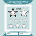 Learn Shapes. Star. Handwriting practice. Trace and write. Educational children game. Kids activity printable sheet