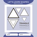 Learn Shapes. Triangle. Handwriting practice. Trace and write. Educational children game. Kids activity printable sheet