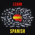 Learn Spanish Foreign language fluency improvement Human brain Spain flag colors Letters articles 3d rendering banner