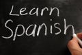 Learn Spanish handwritten sign on a blackboard