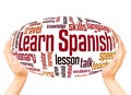 Learn Spanish word cloud hand sphere concept