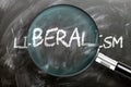 Learn, study and inspect liberalism - pictured as a magnifying glass enlarging word liberalism, symbolizes researching, exploring