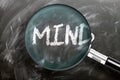 Learn, study and inspect mind - pictured as a magnifying glass enlarging word mind, symbolizes researching, exploring and