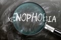 Learn, study and inspect xenophobia - pictured as a magnifying glass enlarging word xenophobia, symbolizes researching, exploring