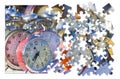 Learn to manage the time - Old colored metal table clocks, concept image in jigsaw puzzle shape