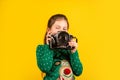 Learn to take photos with dslr camera. Photography courses. Education concept. Little reporter take photo. Vintage Royalty Free Stock Photo