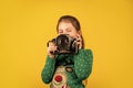 Learn to take photos with dslr camera. Photography courses. Education concept. Little reporter take photo. Vintage Royalty Free Stock Photo