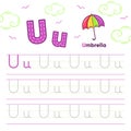 English Alphabet worksheet letter U trace learning with cute umbrella drawing