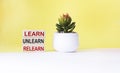 learn, unlearn, relearn - abstract words on wooden blocks with cactus flower and white and yellow background.Continuous learning,