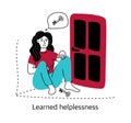 Learned helplessness. The concept of mental health and psychology. Vector illustration of a girl isolated on a white