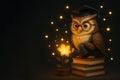 A learned owl watering the glowing flower of knowledge. Space for text. Royalty Free Stock Photo