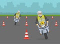 Learner motorcyclists practising to turn. Front view of a learner bikers on test road with red cones.