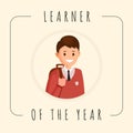 Learner of year vector banner template. Cartoon smiling pupil, schoolboy photograph in frame. Best student photo social