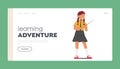 Learning Adventure Landing Page Template. Smart School Girl Character Wearing Glasses Confidently Holds A Pointer