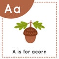 Learning English alphabet for kids. Letter A. Cute cartoon acorn