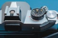 Film SLR camera: viewfinder, exposure counter, film advance lever, shutter release, and film speed dial. Royalty Free Stock Photo