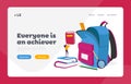 Learning, Back to School Landing Page Template. Tiny Female Character Put Textbooks in Huge Backpack