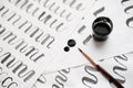 Learning calligraphy - paper with example and brush and ink Royalty Free Stock Photo