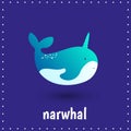 Learning cards for kids education. Fish. Narwhal. Educational worksheets. Preschool activity