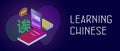 Learning Chinese Language vector banner concept illustration. Tablet PC with an online video course on the screen Royalty Free Stock Photo