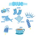 Set of blue color objects. Primary colours flashcard with blue elements. Learning colors for kids.