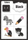 Learning colors. Black color. Flashcard for kids. Cute cartoon characters. Picture set for preschoolers. Education worksheet.