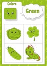 Learning colors. Green color. Flashcard for kids. Cute cartoon characters. Picture set for preschoolers. Education worksheet.