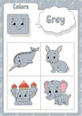 Learning colors. Grey color. Flashcard for kids. Cute cartoon characters. Picture set for preschoolers. Education worksheet.