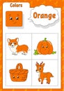 Learning colors. Orange color. Flashcard for kids. Cute cartoon characters. Picture set for preschoolers. Education worksheet.