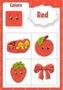 Learning colors. Red color. Flashcard for kids. Cute cartoon characters. Picture set for preschoolers. Education worksheet. Vector