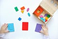 Learning colors and shapes. Children`s wooden toy. The child collects a sorter. Educational logic toys for kid`s. Children`s ha