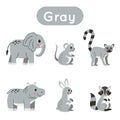 Learning colors worksheet for kids. Gray color flashcard