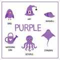 Learning colors worksheet for kids. Purple color flashcard.