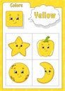 Learning colors. Yellow color. Flashcard for kids. Cute cartoon characters. Picture set for preschoolers. Education worksheet.