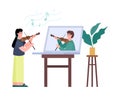 Learning or conducting online music lesson how to play on violin. Royalty Free Stock Photo