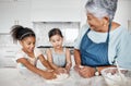 Learning, cooking dough and grandmother with kids in kitchen baking dessert or pastry. Education, family care and happy Royalty Free Stock Photo