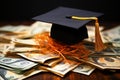 Learning currency graduation cap on US dollar banknotes, education investment