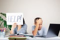 Learning difficulties, remote education, online learning and working at home. Tired mother and sad kid need help to do Royalty Free Stock Photo
