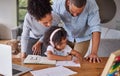 Learning, education and homework with a family writing, drawing and studying together on a table at home. Parents and Royalty Free Stock Photo