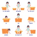 Learning english prepositions. Little girl, between and behind carton box, under and on, position relative to object