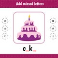Learning English words. Worksheets for kids for school and kindergarten. Cake. Add missed letters. Educational worksheet Royalty Free Stock Photo