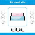 Learning English words. Worksheets for kids for school and kindergarten. Suitcase. Add missed letters. Educational Royalty Free Stock Photo